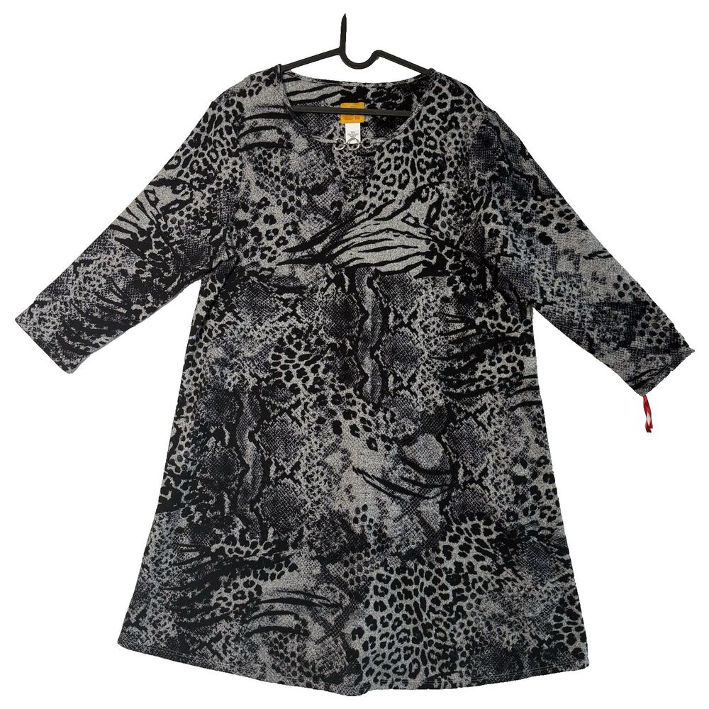 NWT Ruby Rd. Black/grey Dress Size XL 3/4 Sleeve A-Line Silver Embellishment Y2K